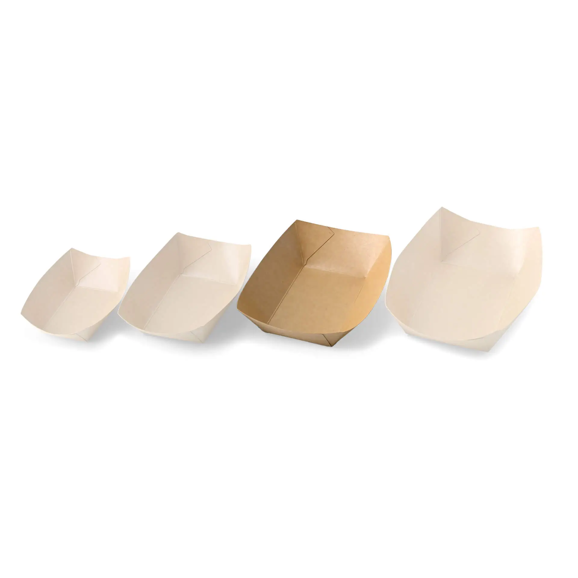 Cardboard snack trays in various sizes, featuring a brown 500 ml tray with PE coating for snack serving.